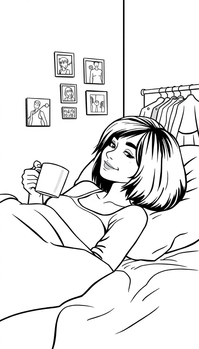 Kleurplaat van een vrouw die ontspannen in bed zit, met een mok, in haar slaapkamer met kledingrek en foto's aan de muur.
