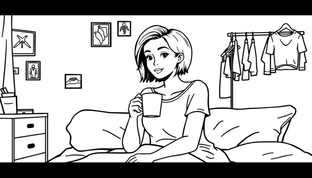 Kleurplaat van een gezellige slaapkamer met een jonge vrouw die in bed zit en koffie drinkt, muur met decoraties en een kledingrek