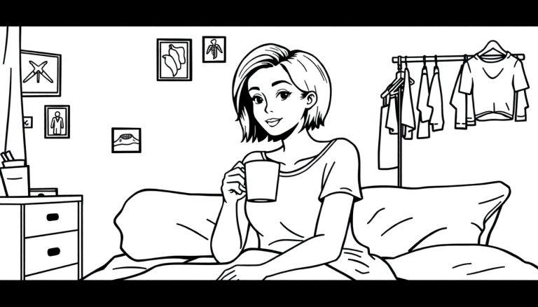 Kleurplaat van een gezellige slaapkamer met een jonge vrouw die in bed zit en koffie drinkt, muur met decoraties en een kledingrek