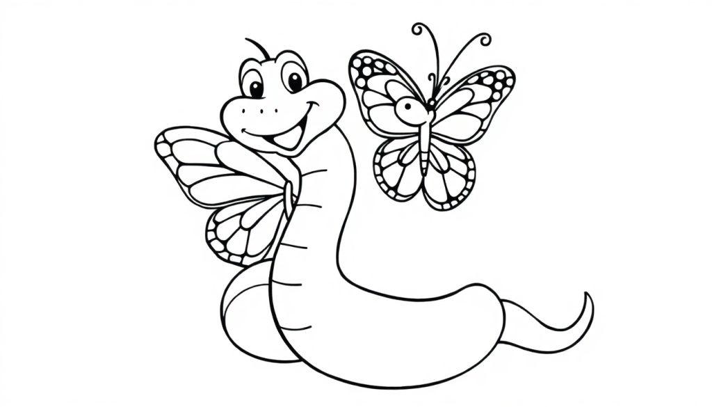 Kleurplaat van een lachende worm die een vlinder vasthoudt met een mooie gedetailleerde vleugel, alles in zwart-wit lijnen om in te kleuren.