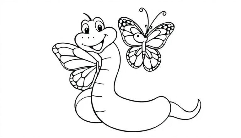 Kleurplaat van een lachende worm die een vlinder vasthoudt met een mooie gedetailleerde vleugel, alles in zwart-wit lijnen om in te kleuren.