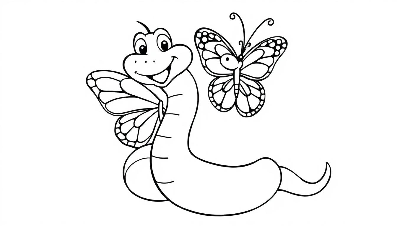 Kleurplaat van een lachende worm die een vlinder vasthoudt met een mooie gedetailleerde vleugel, alles in zwart-wit lijnen om in te kleuren.