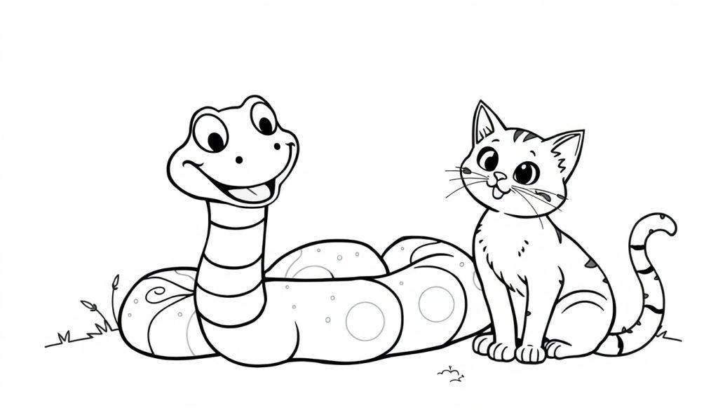 Kleurplaat van een lachende slang en een kat die naast elkaar zitten, in zwart-wit