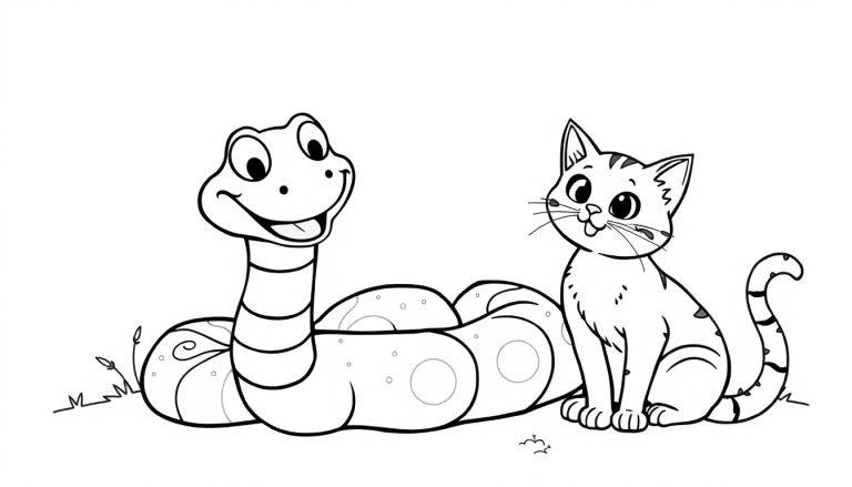 Kleurplaat van een lachende slang en een kat die naast elkaar zitten, in zwart-wit
