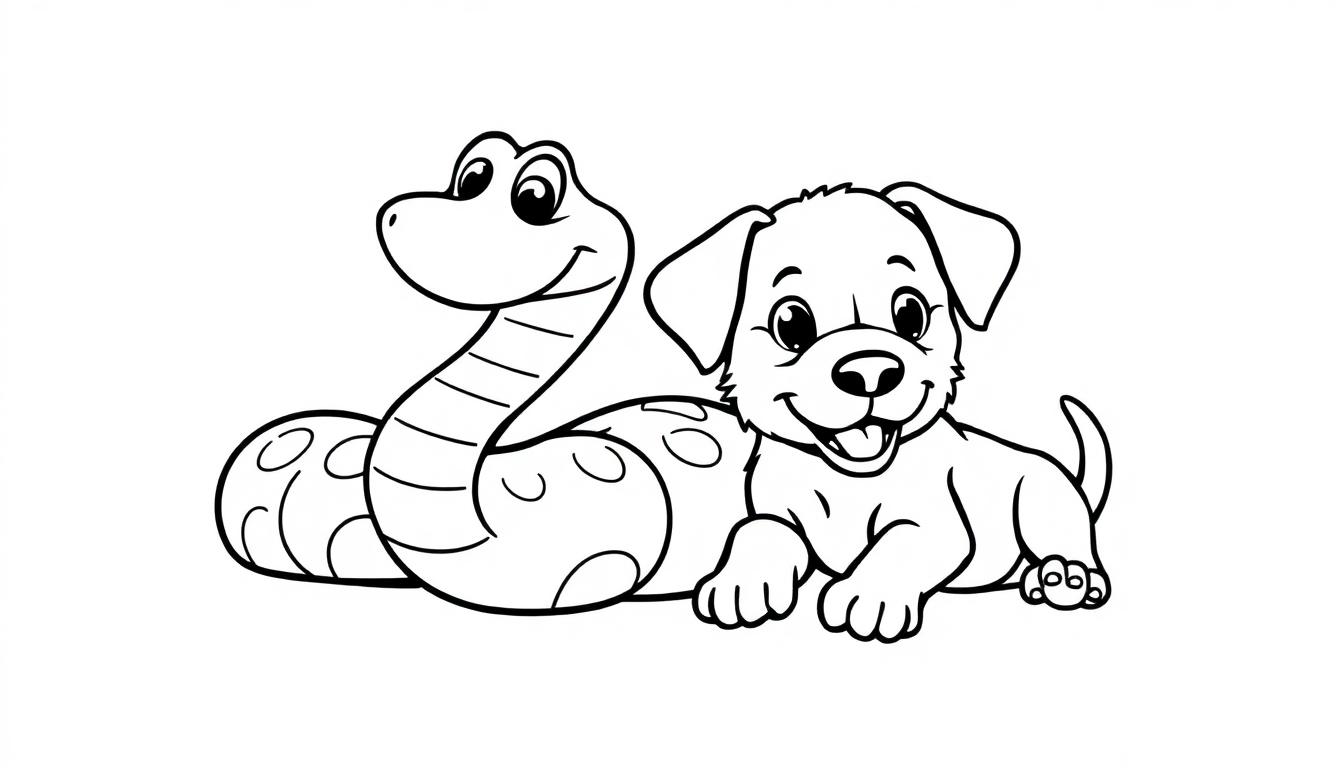 Een kleurplaat van een vrolijke slang en een speelse puppy die samen lachen.