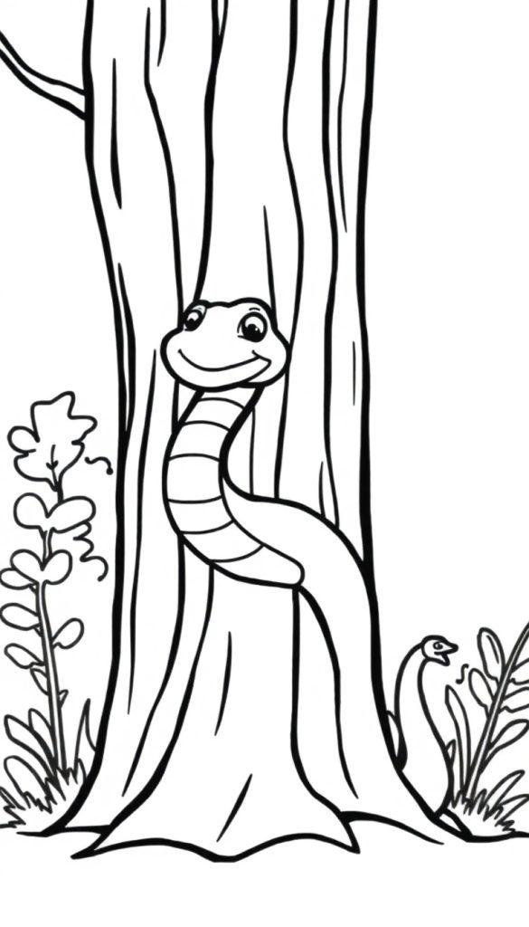 Kleurplaat van een slang in een boom met een kleine slang ernaast. De slang heeft een glimlach en grote ogen. Er staan planten en bladeren rondom de boom.