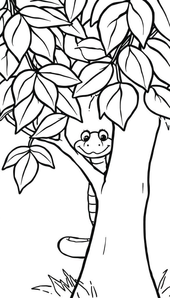 Een leuke kleurplaat van een boom met bladeren en een vriendelijke slang die om de stam slingert.