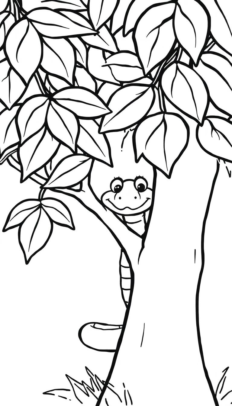 Een leuke kleurplaat van een boom met bladeren en een vriendelijke slang die om de stam slingert.