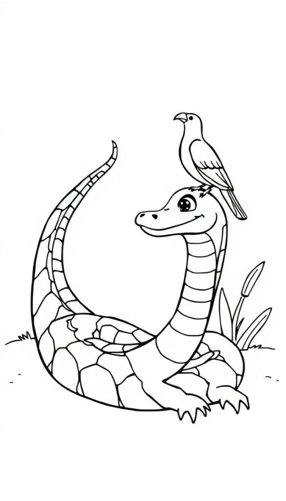 Een kleurplaat van een speelse slang met een vogel op zijn kop, met planten op de achtergrond, geschikt voor kinderen.