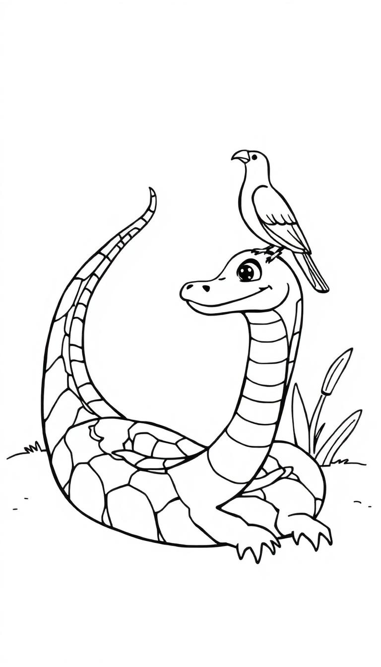 Een kleurplaat van een speelse slang met een vogel op zijn kop, met planten op de achtergrond, geschikt voor kinderen.