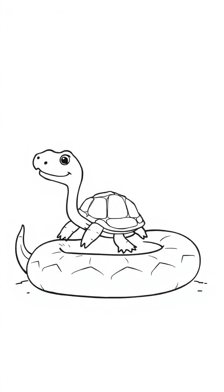 Zwart-wit kleurplaat van een schildpad die op een slang zit, met een vrolijk gezicht.