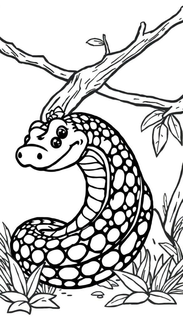 Een kleurplaat van een vrolijke slang met grote ogen en een glimlach, omringd door gras, bladeren en een boomtak.