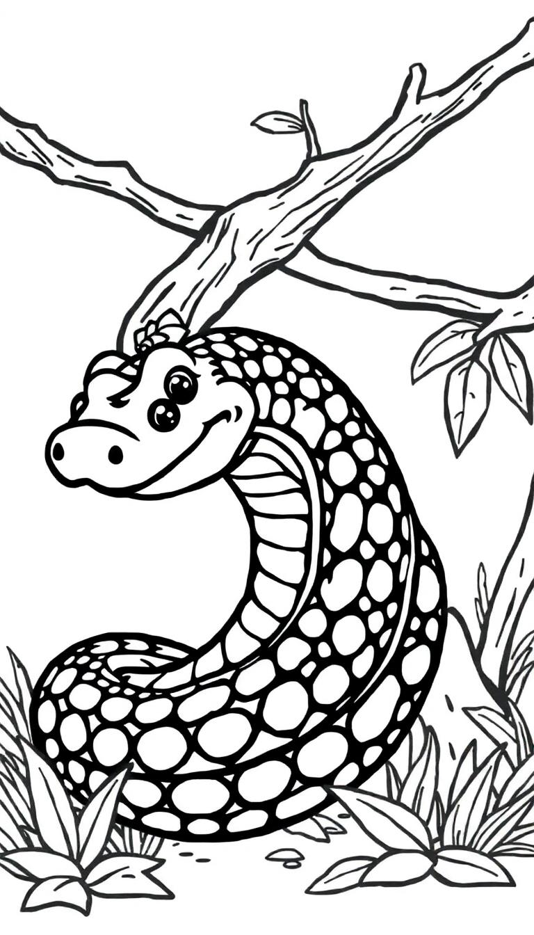 Een kleurplaat van een vrolijke slang met grote ogen en een glimlach, omringd door gras, bladeren en een boomtak.