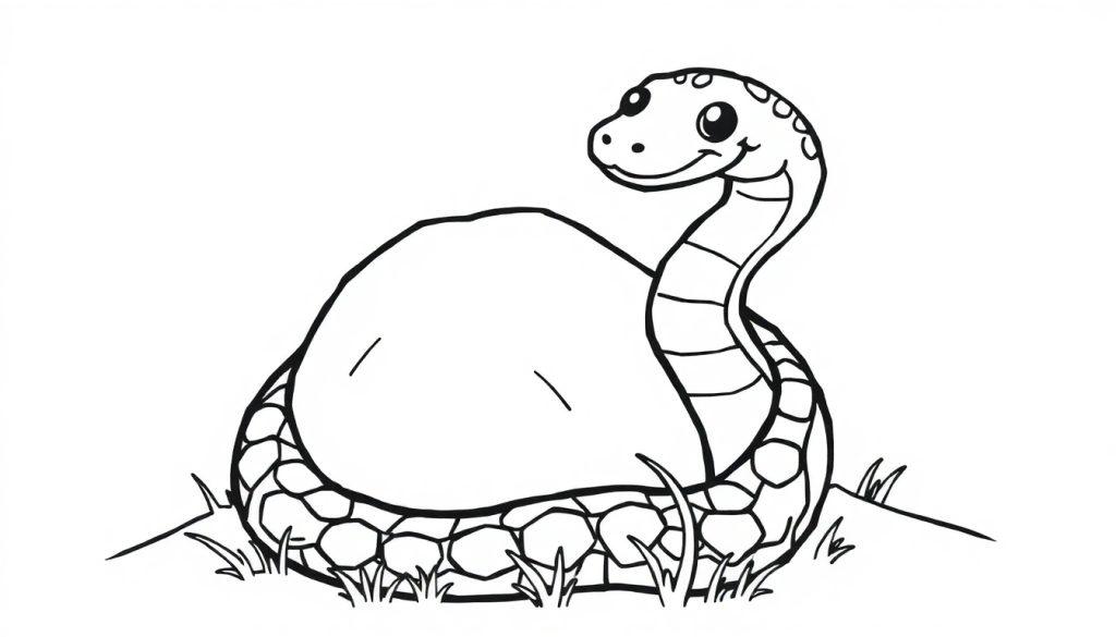 Kleurplaat van een lachende slang die zich om een grote steen heen wikkelt, met grassprietjes eromheen.