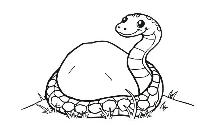 Kleurplaat van een lachende slang die zich om een grote steen heen wikkelt, met grassprietjes eromheen.