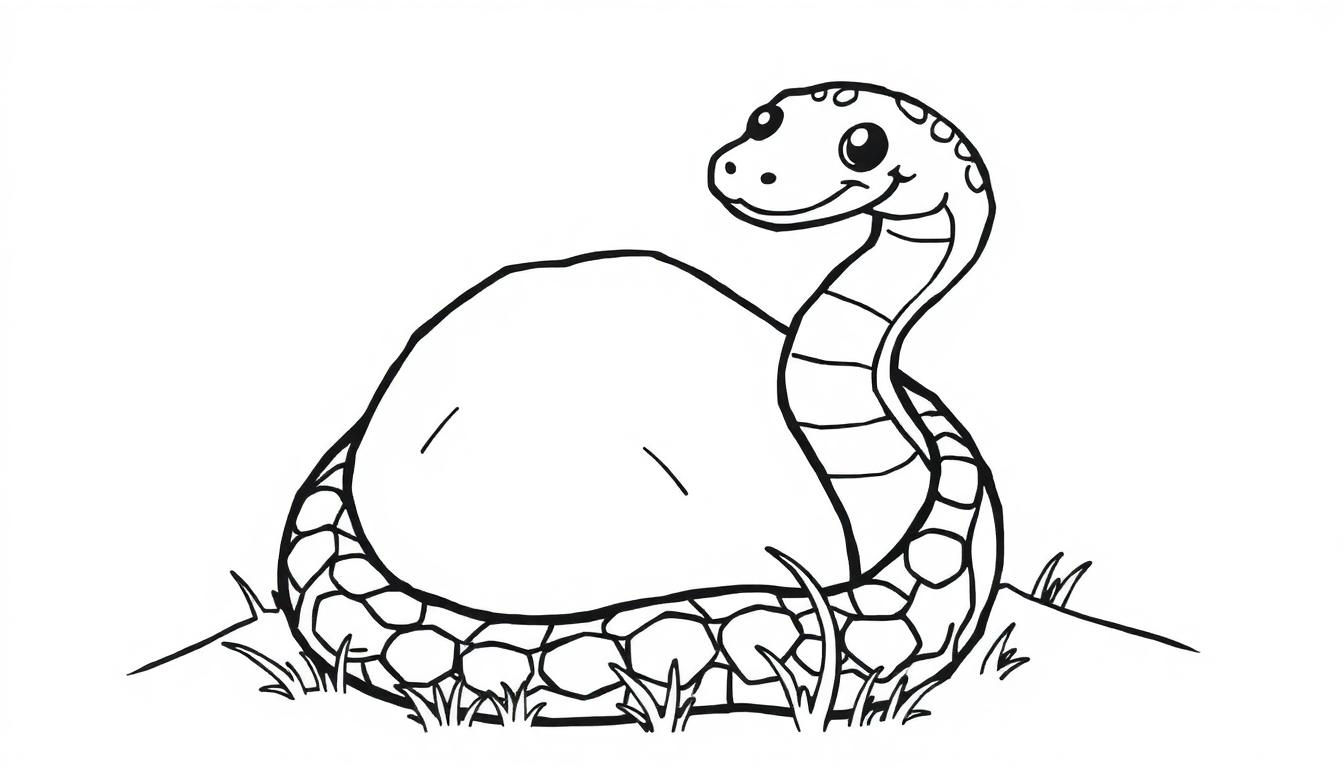 Kleurplaat van een lachende slang die zich om een grote steen heen wikkelt, met grassprietjes eromheen.