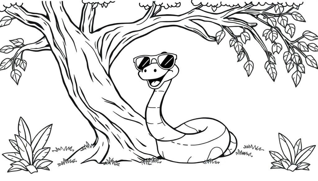 Kleurplaat van een vrolijke slang met zonnebril naast een boom, leuke planten en gras.