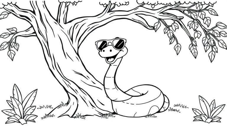 Kleurplaat van een vrolijke slang met zonnebril naast een boom, leuke planten en gras.