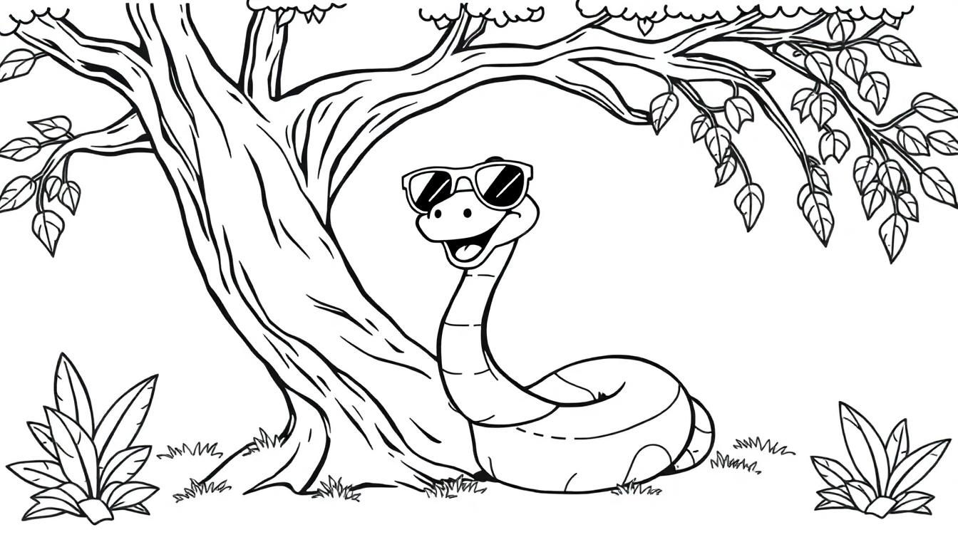 Kleurplaat van een vrolijke slang met zonnebril naast een boom, leuke planten en gras.