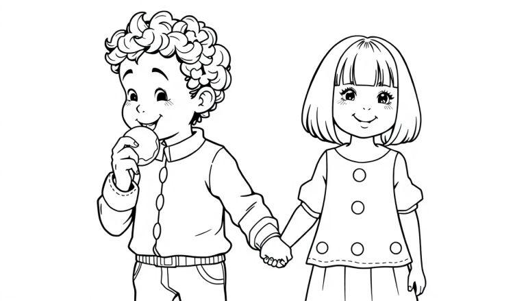 Kleurplaat van een jongen met krullend haar en een meisje met bob haar die samen hand in hand lachen en een koningsdag tompoes eten.