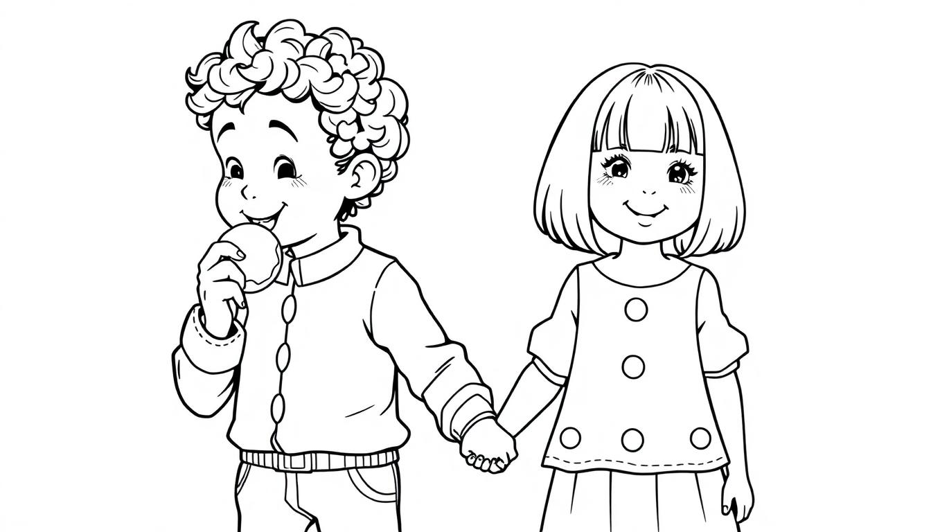 Kleurplaat van een jongen met krullend haar en een meisje met bob haar die samen hand in hand lachen en een koningsdag tompoes eten.
