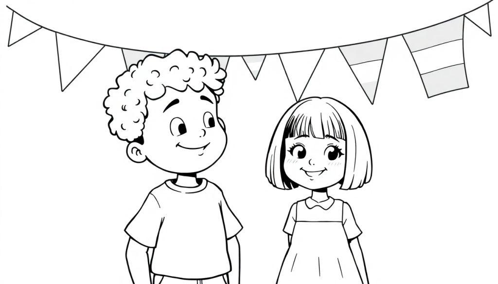 Kleurrijke kleurplaat van twee lachende kinderen, een jongen en een meisje, met feestelijke vlaggetjes op de achtergrond. De jongen heeft krullend haar en draagt een simpel T-shirt, het meisje heeft een rechte bob en draagt een jurk met kraagje. Een vrolijke tekening voor kinderen om kleur te geven.