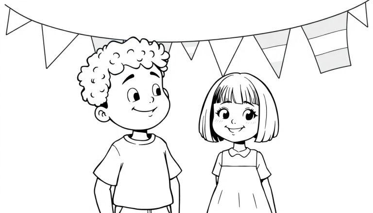 Kleurrijke kleurplaat van twee lachende kinderen, een jongen en een meisje, met feestelijke vlaggetjes op de achtergrond. De jongen heeft krullend haar en draagt een simpel T-shirt, het meisje heeft een rechte bob en draagt een jurk met kraagje. Een vrolijke tekening voor kinderen om kleur te geven.