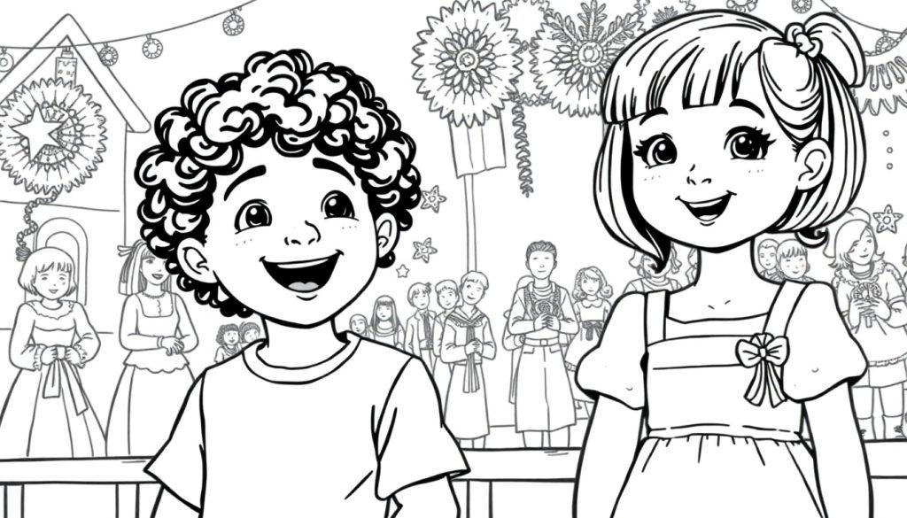 Kleurplaat van twee lachende kinderen, een jongetje met krullend haar en een meisje met steil haar in een feestelijke scène met mensen in traditionele kleding en feestversieringen.