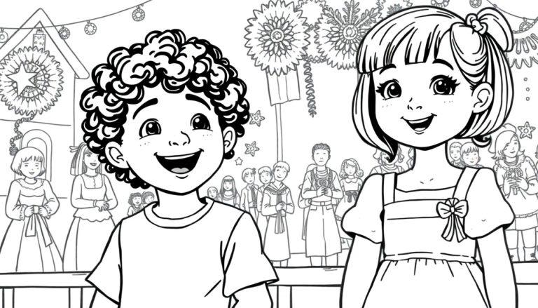 Kleurplaat van twee lachende kinderen, een jongetje met krullend haar en een meisje met steil haar in een feestelijke scène met mensen in traditionele kleding en feestversieringen.