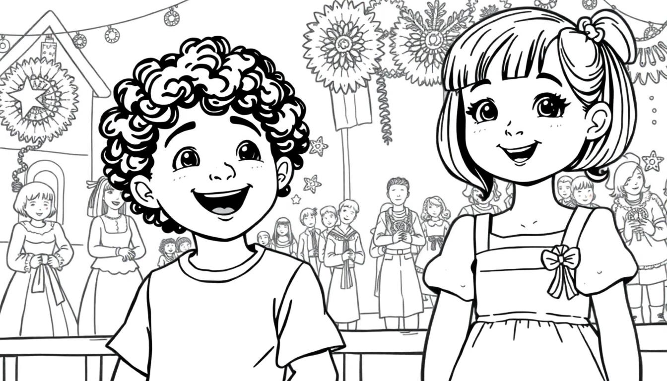 Kleurplaat van twee lachende kinderen, een jongetje met krullend haar en een meisje met steil haar in een feestelijke scène met mensen in traditionele kleding en feestversieringen.