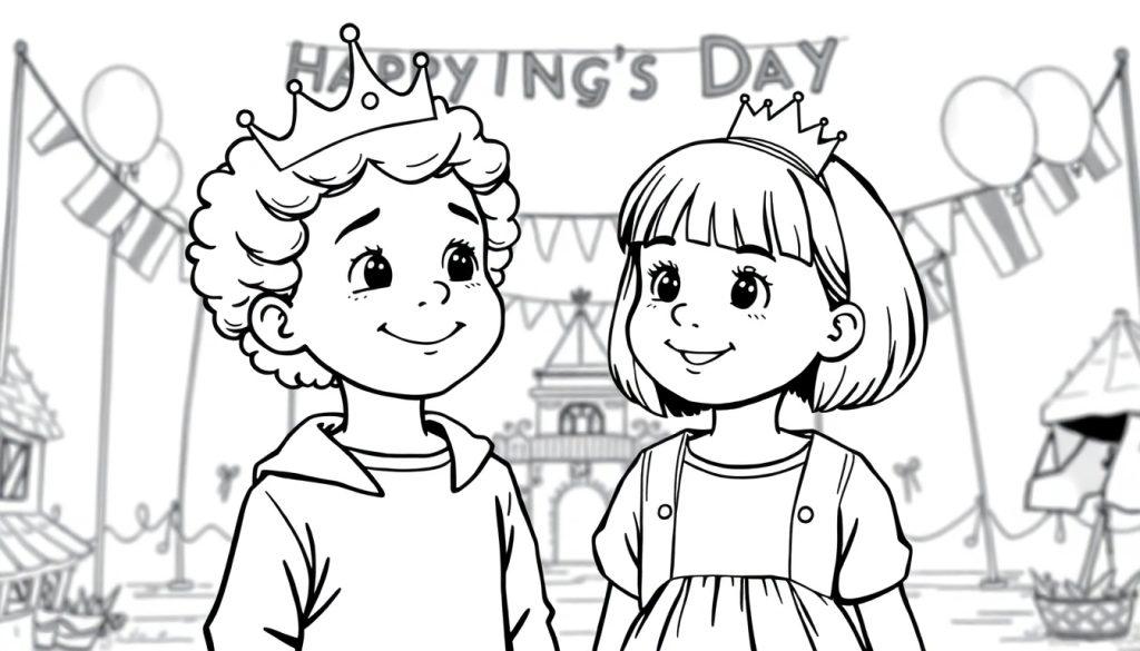 Kleurplaat van een jongen met krullend haar en een meisje met een boblijn, beiden dragen koninklijke kroontjes op hun hoofd. Ze glimlachen vriendelijk en staan voor een feestelijke achtergrond met vlaggetjes, ballonnen, een tent en een gebouw met een boog. Boven hen hangt een vrolijke banner met 'HAPPYING'S DAY'.