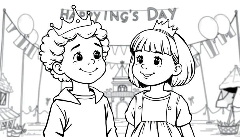 Kleurplaat van een jongen met krullend haar en een meisje met een boblijn, beiden dragen koninklijke kroontjes op hun hoofd. Ze glimlachen vriendelijk en staan voor een feestelijke achtergrond met vlaggetjes, ballonnen, een tent en een gebouw met een boog. Boven hen hangt een vrolijke banner met 'HAPPYING'S DAY'.