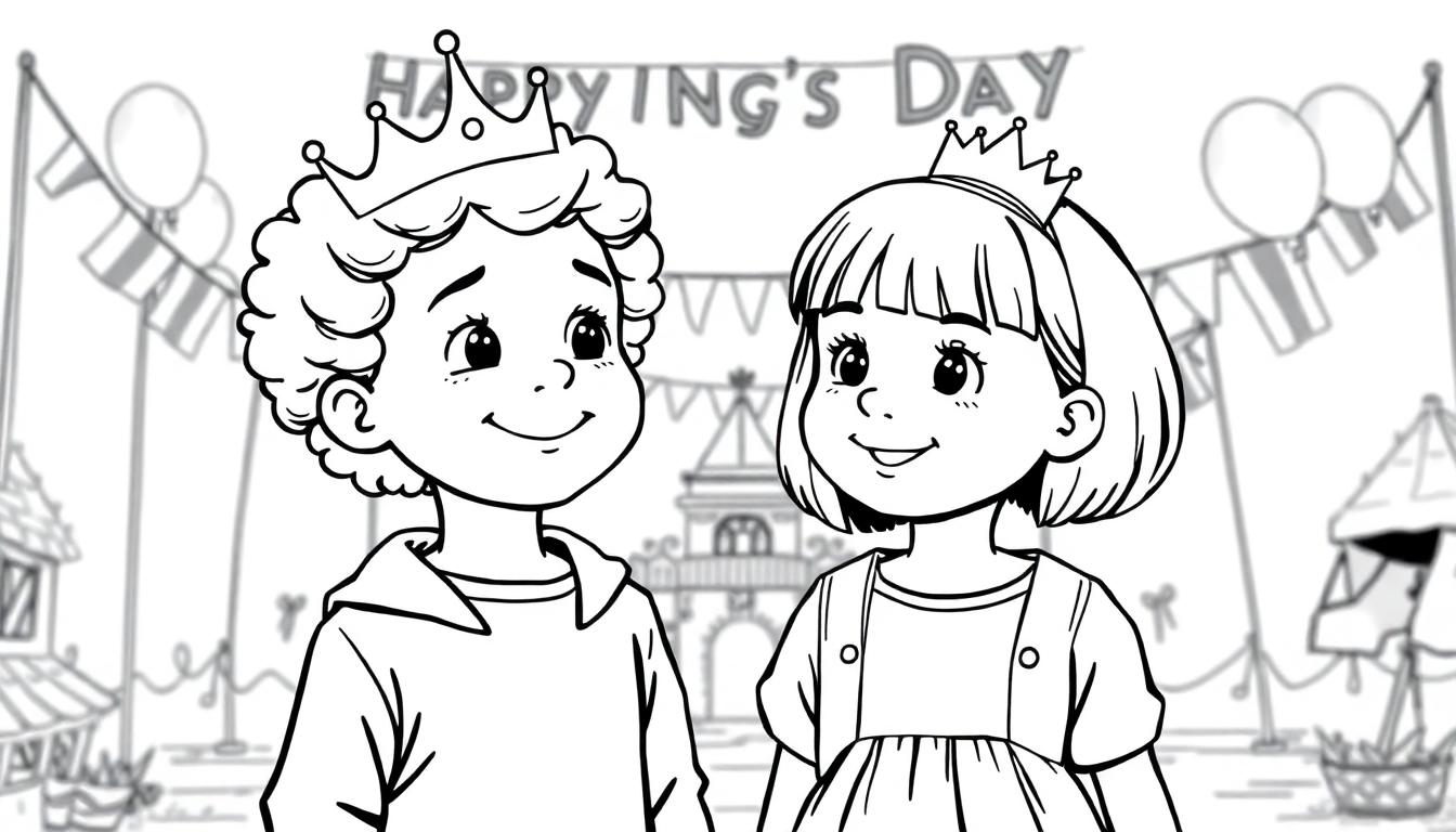 Kleurplaat van een jongen met krullend haar en een meisje met een boblijn, beiden dragen koninklijke kroontjes op hun hoofd. Ze glimlachen vriendelijk en staan voor een feestelijke achtergrond met vlaggetjes, ballonnen, een tent en een gebouw met een boog. Boven hen hangt een vrolijke banner met 'HAPPYING'S DAY'.