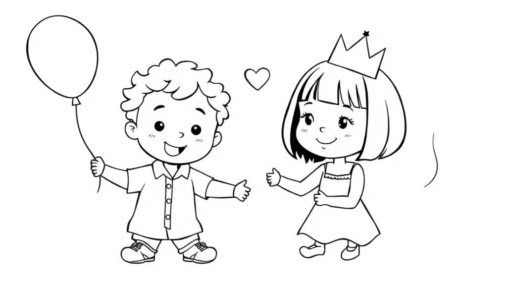Kleurplaat van twee lachende kinderen, een jongen met een ballon en een meisje met een kroon, met een hart tussen hen.
