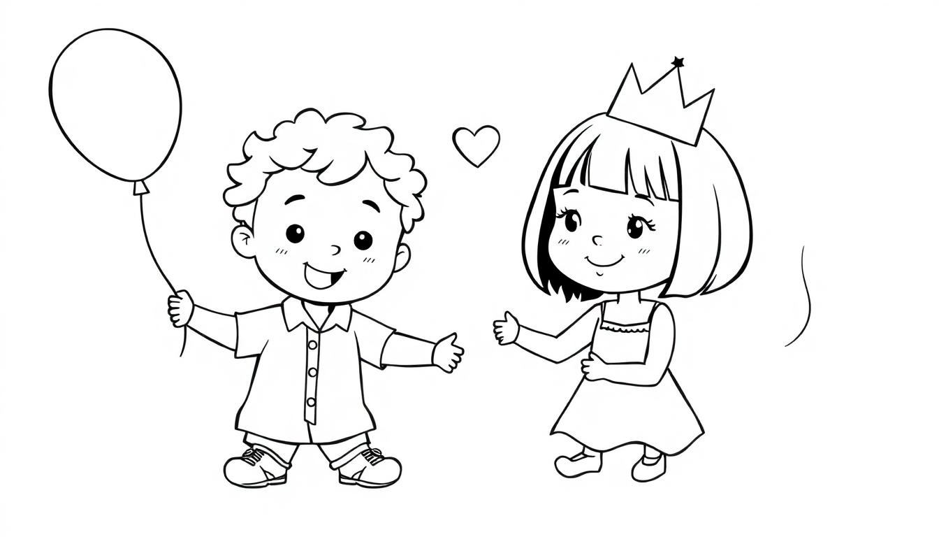 Kleurplaat van twee lachende kinderen, een jongen met een ballon en een meisje met een kroon, met een hart tussen hen.