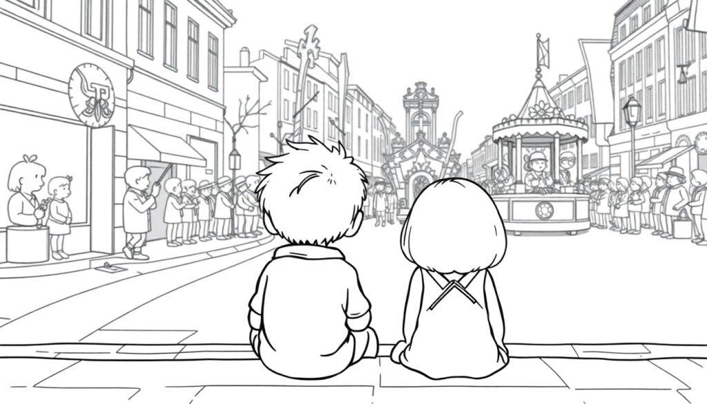 Kleurplaat van twee kinderen die naar een feestelijke parade kijken in de stad, met een versierde kar en mensen langs de straat.