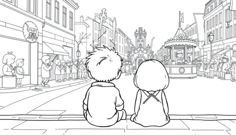 Kleurplaat van twee kinderen die naar een feestelijke parade kijken in de stad, met een versierde kar en mensen langs de straat.
