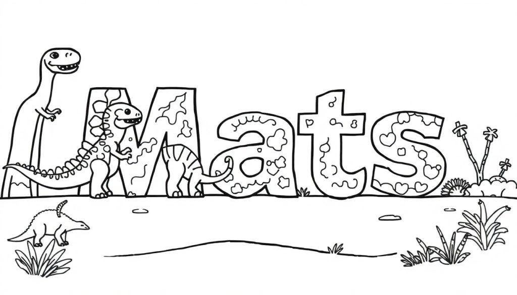 Kleurplaat met de naam 'Mats' in grote, decoratieve dinosauriërs letters, omringd door dinosaurussen, planten en bomen, allemaal in een prehistorisch landschap, klaar om gekleurd te worden.