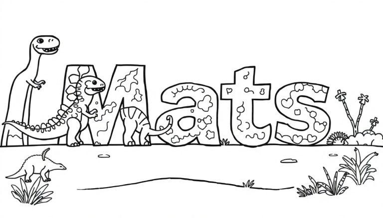 Kleurplaat met de naam 'Mats' in grote, decoratieve dinosauriërs letters, omringd door dinosaurussen, planten en bomen, allemaal in een prehistorisch landschap, klaar om gekleurd te worden.
