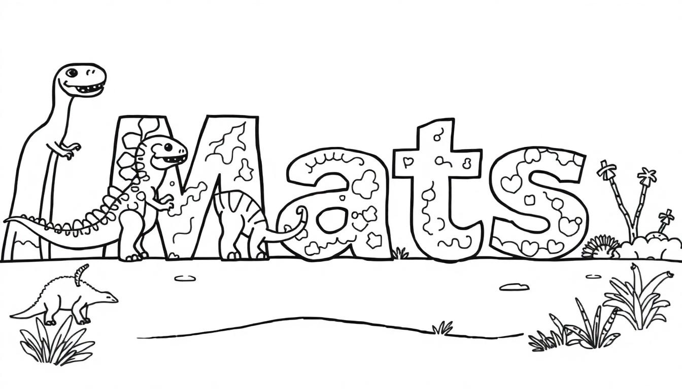 Kleurplaat met de naam 'Mats' in grote, decoratieve dinosauriërs letters, omringd door dinosaurussen, planten en bomen, allemaal in een prehistorisch landschap, klaar om gekleurd te worden.