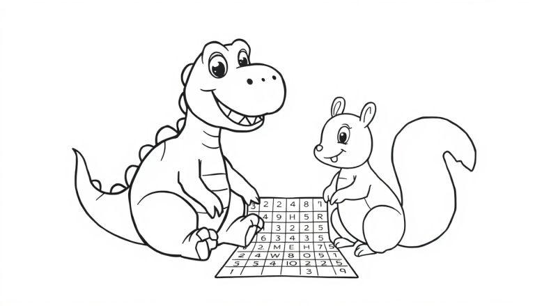 Kleurplaat van een vrolijke dinosaurus en eekhoorn die samen een spel spelen met een spelbord met cijfers en letters.