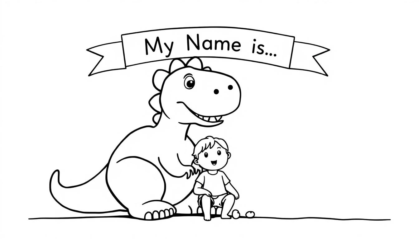Kleurplaat van een schattige dinosaurus die glimlacht naast een kind met een lint bovenaan dat zegt 'My Name is...'.