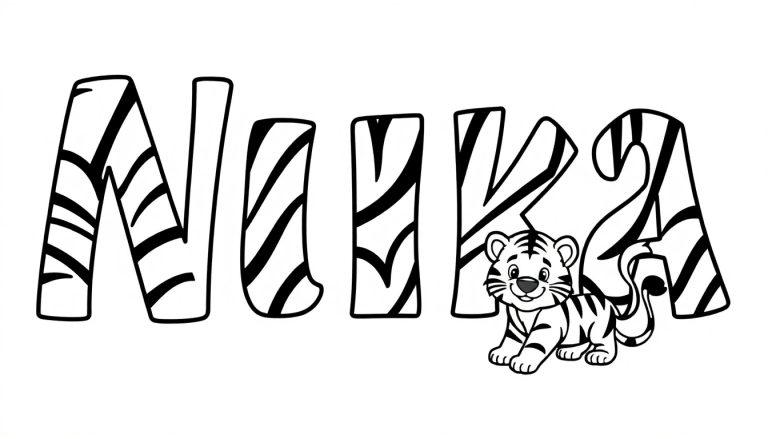 Kleurplaat met de naam Nika in grote, zebraprint letters en een vrolijke tijgerwelp