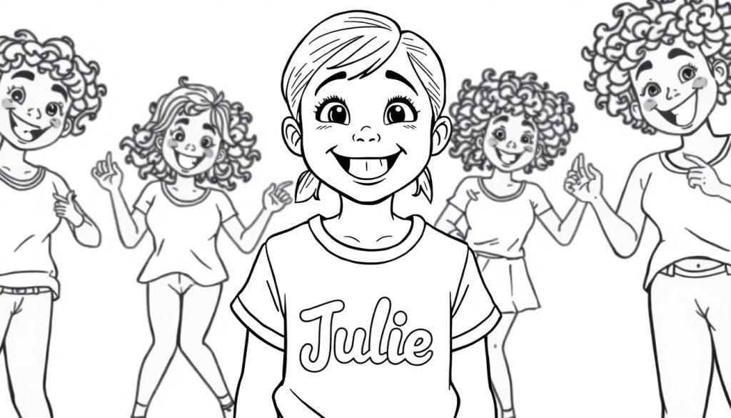 Kleurplaat van een vrolijk meisje met scheve voortand en een T-shirt met 'Julie'. Op de achtergrond dansende kinderen. Een speelse kleurplaat voor kids.