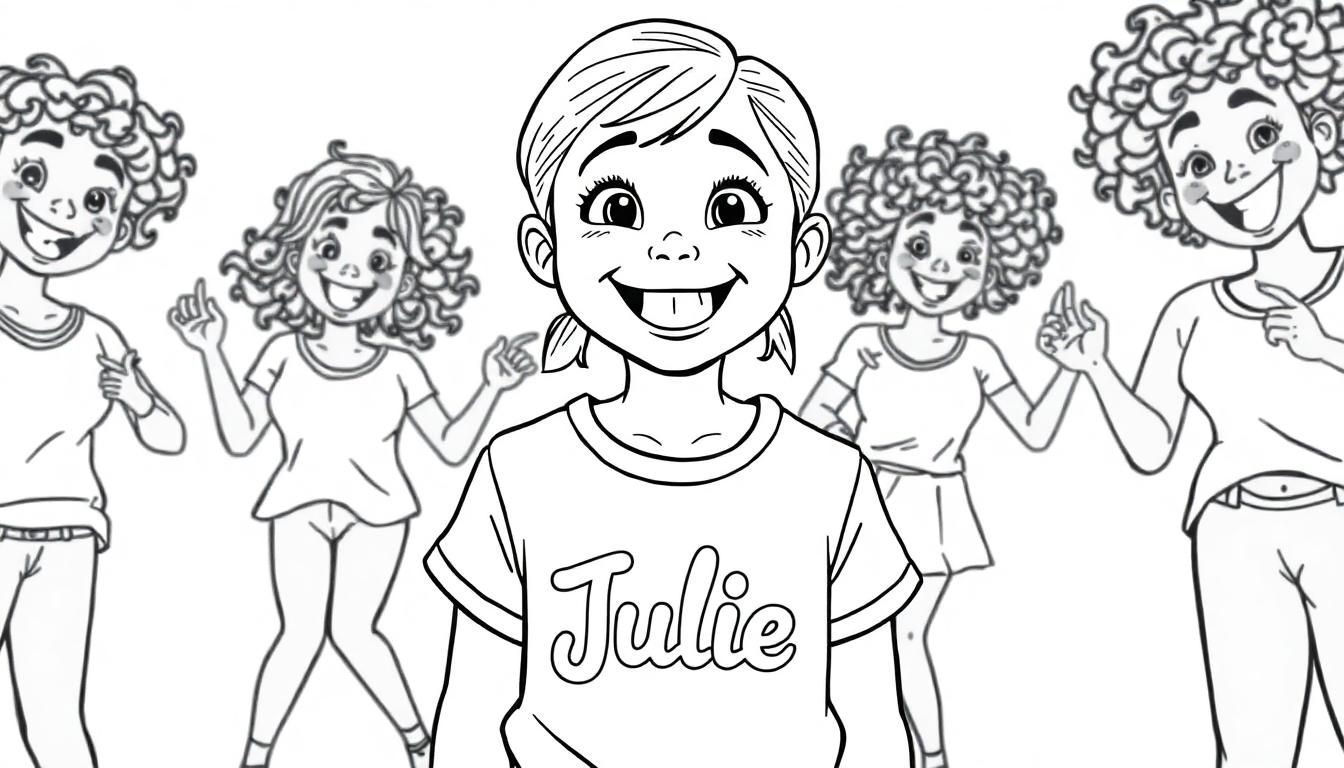 Kleurplaat van een vrolijk meisje met scheve voortand en een T-shirt met 'Julie'. Op de achtergrond dansende kinderen. Een speelse kleurplaat voor kids.