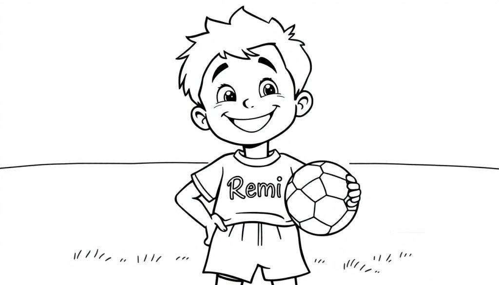 Kleurplaat van een vrolijke jongen met een T-shirt met 'Remi' erop, die een voetbal vasthoudt en op een grasveld speelt.