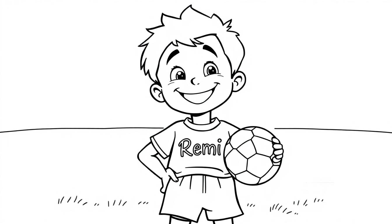 Kleurplaat van een vrolijke jongen met een T-shirt met 'Remi' erop, die een voetbal vasthoudt en op een grasveld speelt.
