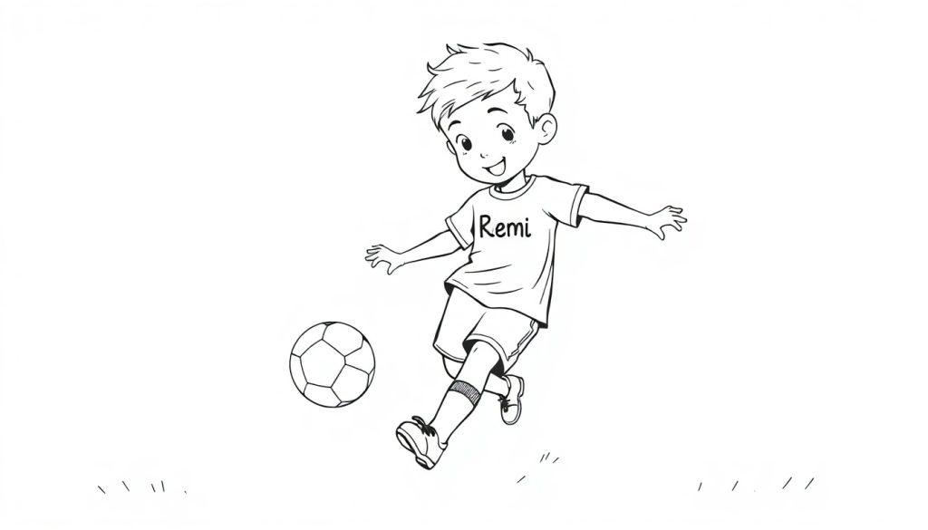 Kleurplaat van een lachend kind dat voetbalt, met 'Remi' op zijn shirt, getekend in zwart-wit.