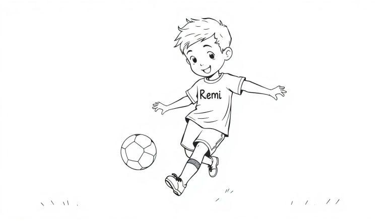 Kleurplaat van een lachend kind dat voetbalt, met 'Remi' op zijn shirt, getekend in zwart-wit.