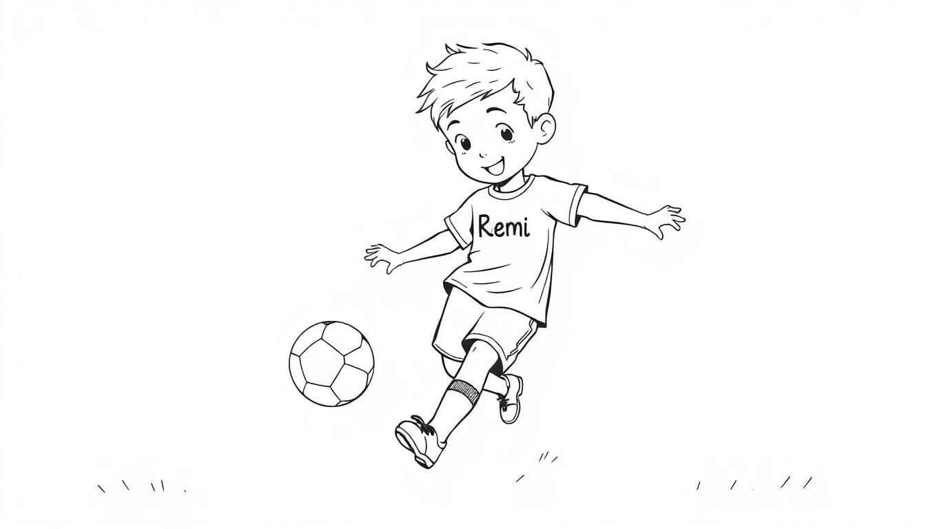 Kleurplaat van een lachend kind dat voetbalt, met 'Remi' op zijn shirt, getekend in zwart-wit.